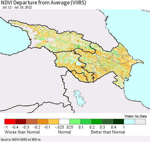 Azerbaijan, Armenia and Georgia NDVI Departure from Average (VIIRS) Thematic Map For 7/12/2022 - 7/19/2022