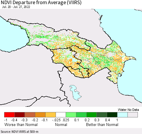 Azerbaijan, Armenia and Georgia NDVI Departure from Average (VIIRS) Thematic Map For 7/20/2022 - 7/27/2022