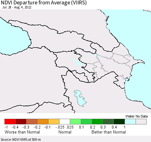Azerbaijan, Armenia and Georgia NDVI Departure from Average (VIIRS) Thematic Map For 7/28/2022 - 8/4/2022