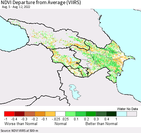 Azerbaijan, Armenia and Georgia NDVI Departure from Average (VIIRS) Thematic Map For 8/5/2022 - 8/12/2022
