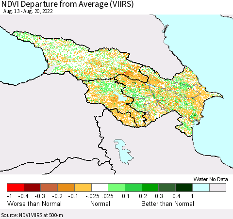 Azerbaijan, Armenia and Georgia NDVI Departure from Average (VIIRS) Thematic Map For 8/13/2022 - 8/20/2022