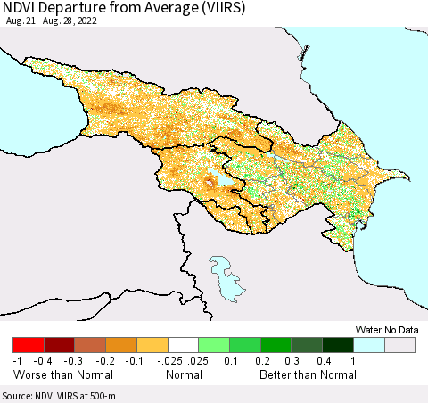 Azerbaijan, Armenia and Georgia NDVI Departure from Average (VIIRS) Thematic Map For 8/21/2022 - 8/28/2022