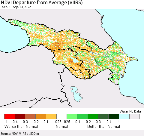 Azerbaijan, Armenia and Georgia NDVI Departure from Average (VIIRS) Thematic Map For 9/6/2022 - 9/13/2022