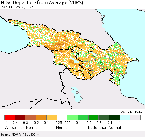 Azerbaijan, Armenia and Georgia NDVI Departure from Average (VIIRS) Thematic Map For 9/14/2022 - 9/21/2022