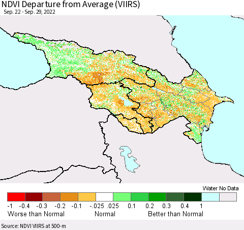 Azerbaijan, Armenia and Georgia NDVI Departure from Average (VIIRS) Thematic Map For 9/22/2022 - 9/29/2022
