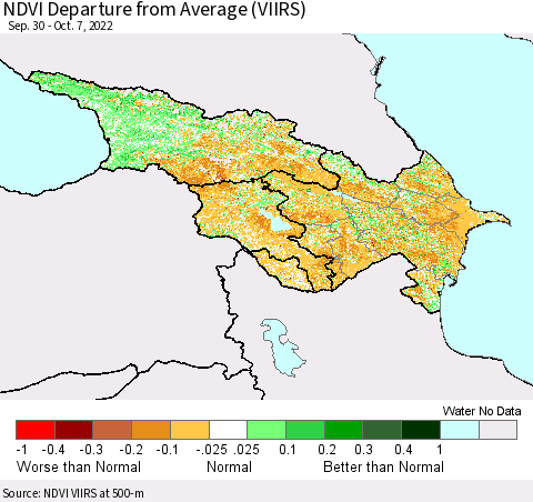 Azerbaijan, Armenia and Georgia NDVI Departure from Average (VIIRS) Thematic Map For 9/30/2022 - 10/7/2022