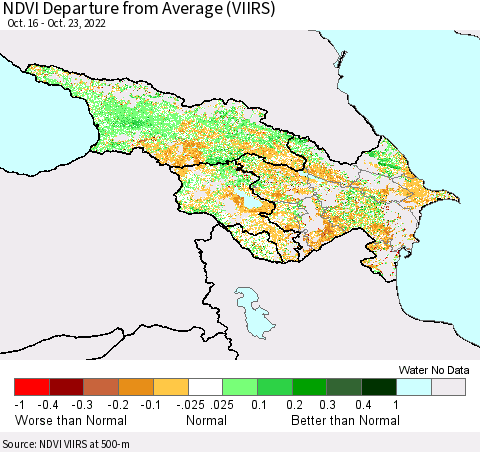 Azerbaijan, Armenia and Georgia NDVI Departure from Average (VIIRS) Thematic Map For 10/16/2022 - 10/23/2022