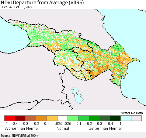 Azerbaijan, Armenia and Georgia NDVI Departure from Average (VIIRS) Thematic Map For 10/24/2022 - 10/31/2022