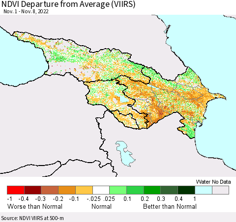 Azerbaijan, Armenia and Georgia NDVI Departure from Average (VIIRS) Thematic Map For 11/1/2022 - 11/8/2022