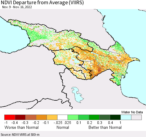 Azerbaijan, Armenia and Georgia NDVI Departure from Average (VIIRS) Thematic Map For 11/9/2022 - 11/16/2022