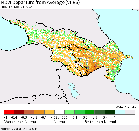 Azerbaijan, Armenia and Georgia NDVI Departure from Average (VIIRS) Thematic Map For 11/17/2022 - 11/24/2022