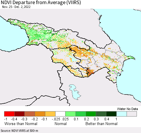 Azerbaijan, Armenia and Georgia NDVI Departure from Average (VIIRS) Thematic Map For 11/25/2022 - 12/2/2022