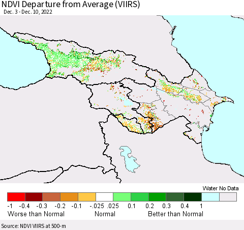 Azerbaijan, Armenia and Georgia NDVI Departure from Average (VIIRS) Thematic Map For 12/3/2022 - 12/10/2022