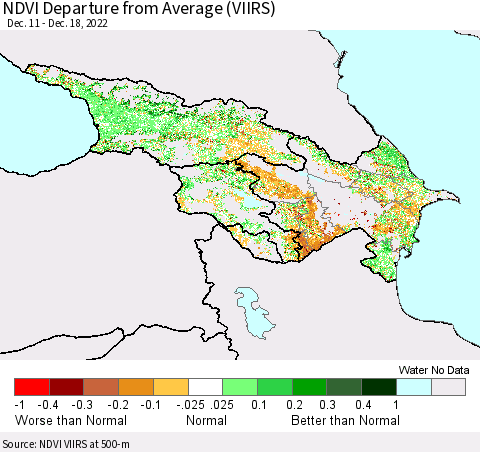 Azerbaijan, Armenia and Georgia NDVI Departure from Average (VIIRS) Thematic Map For 12/11/2022 - 12/18/2022