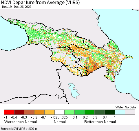 Azerbaijan, Armenia and Georgia NDVI Departure from Average (VIIRS) Thematic Map For 12/19/2022 - 12/26/2022