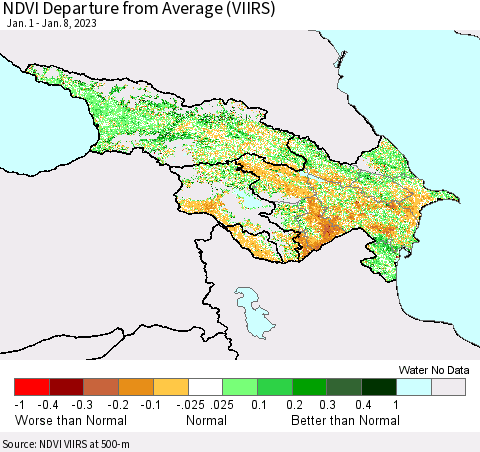 Azerbaijan, Armenia and Georgia NDVI Departure from Average (VIIRS) Thematic Map For 1/1/2023 - 1/8/2023