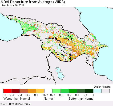 Azerbaijan, Armenia and Georgia NDVI Departure from Average (VIIRS) Thematic Map For 1/9/2023 - 1/16/2023