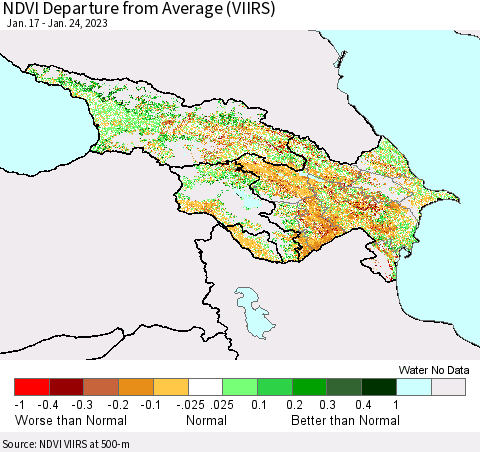 Azerbaijan, Armenia and Georgia NDVI Departure from Average (VIIRS) Thematic Map For 1/17/2023 - 1/24/2023