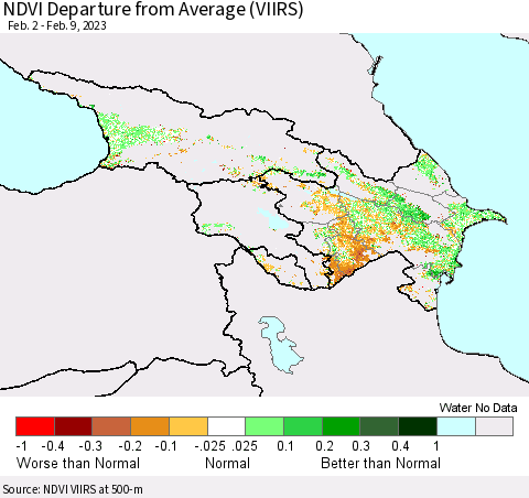 Azerbaijan, Armenia and Georgia NDVI Departure from Average (VIIRS) Thematic Map For 2/2/2023 - 2/9/2023
