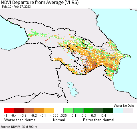 Azerbaijan, Armenia and Georgia NDVI Departure from Average (VIIRS) Thematic Map For 2/10/2023 - 2/17/2023