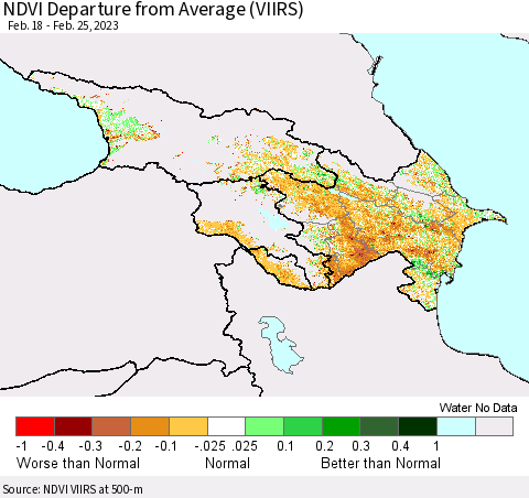 Azerbaijan, Armenia and Georgia NDVI Departure from Average (VIIRS) Thematic Map For 2/18/2023 - 2/25/2023