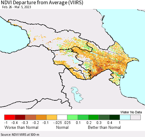 Azerbaijan, Armenia and Georgia NDVI Departure from Average (VIIRS) Thematic Map For 2/26/2023 - 3/5/2023