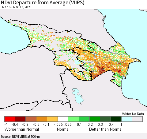 Azerbaijan, Armenia and Georgia NDVI Departure from Average (VIIRS) Thematic Map For 3/6/2023 - 3/13/2023