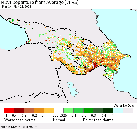 Azerbaijan, Armenia and Georgia NDVI Departure from Average (VIIRS) Thematic Map For 3/14/2023 - 3/21/2023