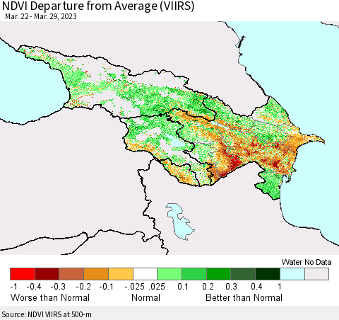 Azerbaijan, Armenia and Georgia NDVI Departure from Average (VIIRS) Thematic Map For 3/22/2023 - 3/29/2023