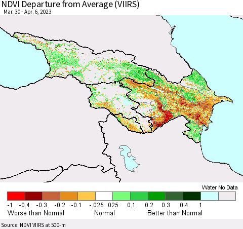 Azerbaijan, Armenia and Georgia NDVI Departure from Average (VIIRS) Thematic Map For 3/30/2023 - 4/6/2023