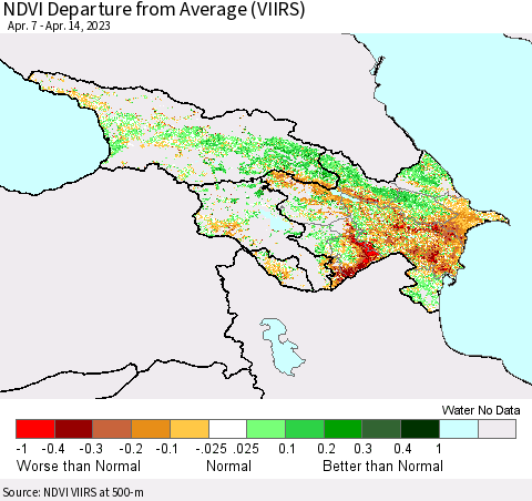 Azerbaijan, Armenia and Georgia NDVI Departure from Average (VIIRS) Thematic Map For 4/7/2023 - 4/14/2023