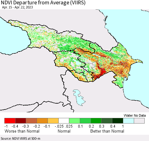 Azerbaijan, Armenia and Georgia NDVI Departure from Average (VIIRS) Thematic Map For 4/15/2023 - 4/22/2023