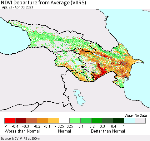 Azerbaijan, Armenia and Georgia NDVI Departure from Average (VIIRS) Thematic Map For 4/23/2023 - 4/30/2023