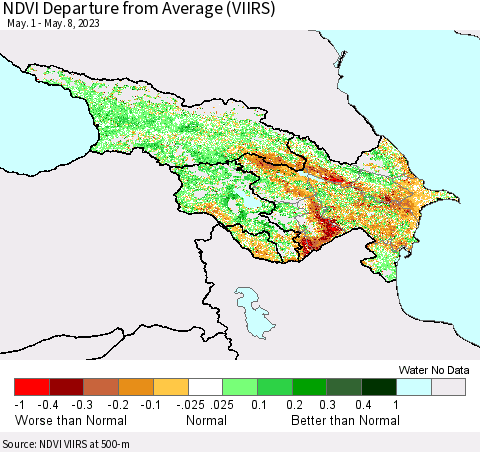Azerbaijan, Armenia and Georgia NDVI Departure from Average (VIIRS) Thematic Map For 5/1/2023 - 5/8/2023