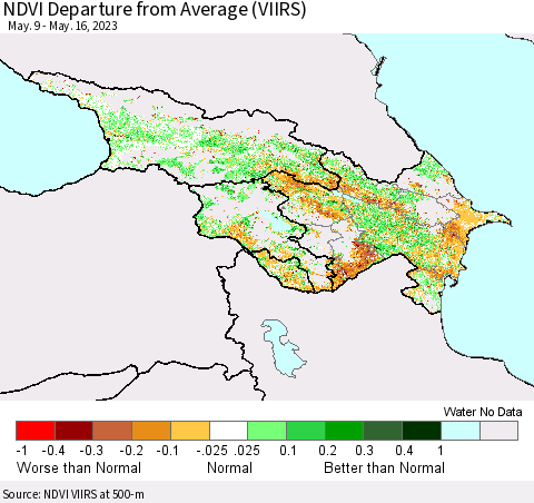 Azerbaijan, Armenia and Georgia NDVI Departure from Average (VIIRS) Thematic Map For 5/9/2023 - 5/16/2023