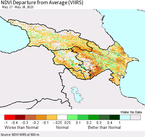 Azerbaijan, Armenia and Georgia NDVI Departure from Average (VIIRS) Thematic Map For 5/17/2023 - 5/24/2023