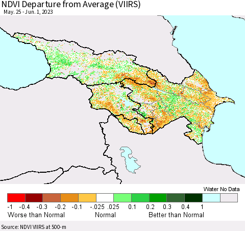 Azerbaijan, Armenia and Georgia NDVI Departure from Average (VIIRS) Thematic Map For 5/25/2023 - 6/1/2023