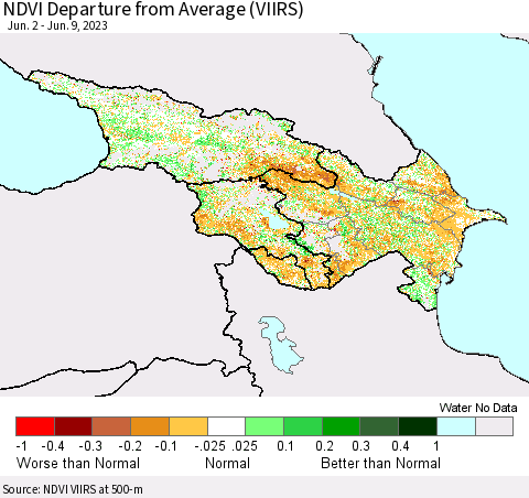 Azerbaijan, Armenia and Georgia NDVI Departure from Average (VIIRS) Thematic Map For 6/2/2023 - 6/9/2023
