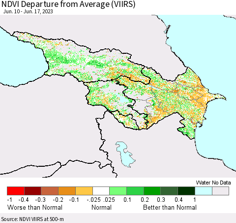 Azerbaijan, Armenia and Georgia NDVI Departure from Average (VIIRS) Thematic Map For 6/10/2023 - 6/17/2023