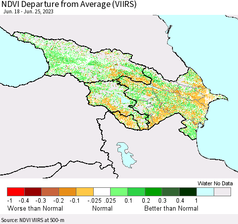 Azerbaijan, Armenia and Georgia NDVI Departure from Average (VIIRS) Thematic Map For 6/18/2023 - 6/25/2023