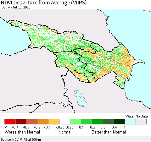 Azerbaijan, Armenia and Georgia NDVI Departure from Average (VIIRS) Thematic Map For 7/4/2023 - 7/11/2023