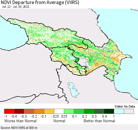 Azerbaijan, Armenia and Georgia NDVI Departure from Average (VIIRS) Thematic Map For 7/12/2023 - 7/19/2023