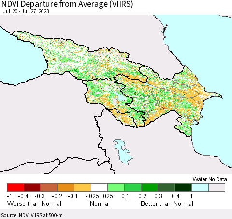 Azerbaijan, Armenia and Georgia NDVI Departure from Average (VIIRS) Thematic Map For 7/20/2023 - 7/27/2023