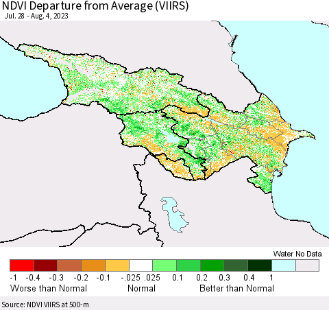 Azerbaijan, Armenia and Georgia NDVI Departure from Average (VIIRS) Thematic Map For 7/28/2023 - 8/4/2023