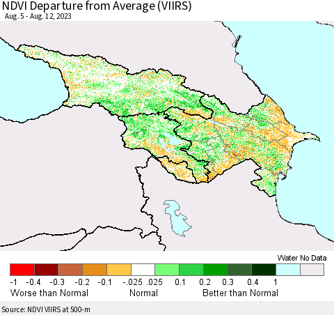 Azerbaijan, Armenia and Georgia NDVI Departure from Average (VIIRS) Thematic Map For 8/5/2023 - 8/12/2023