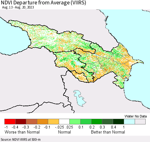 Azerbaijan, Armenia and Georgia NDVI Departure from Average (VIIRS) Thematic Map For 8/13/2023 - 8/20/2023
