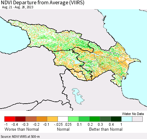 Azerbaijan, Armenia and Georgia NDVI Departure from Average (VIIRS) Thematic Map For 8/21/2023 - 8/28/2023