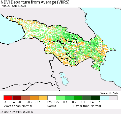 Azerbaijan, Armenia and Georgia NDVI Departure from Average (VIIRS) Thematic Map For 8/29/2023 - 9/5/2023
