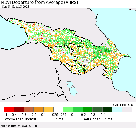 Azerbaijan, Armenia and Georgia NDVI Departure from Average (VIIRS) Thematic Map For 9/6/2023 - 9/13/2023