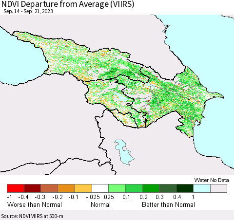 Azerbaijan, Armenia and Georgia NDVI Departure from Average (VIIRS) Thematic Map For 9/14/2023 - 9/21/2023